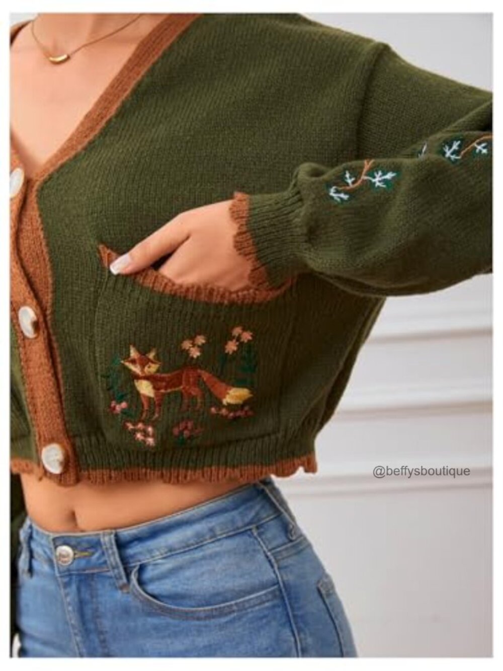 Women's Floral Cropped Cardigan Embroidered Open Front Western Sweater Fall - Picture 6 of 7
